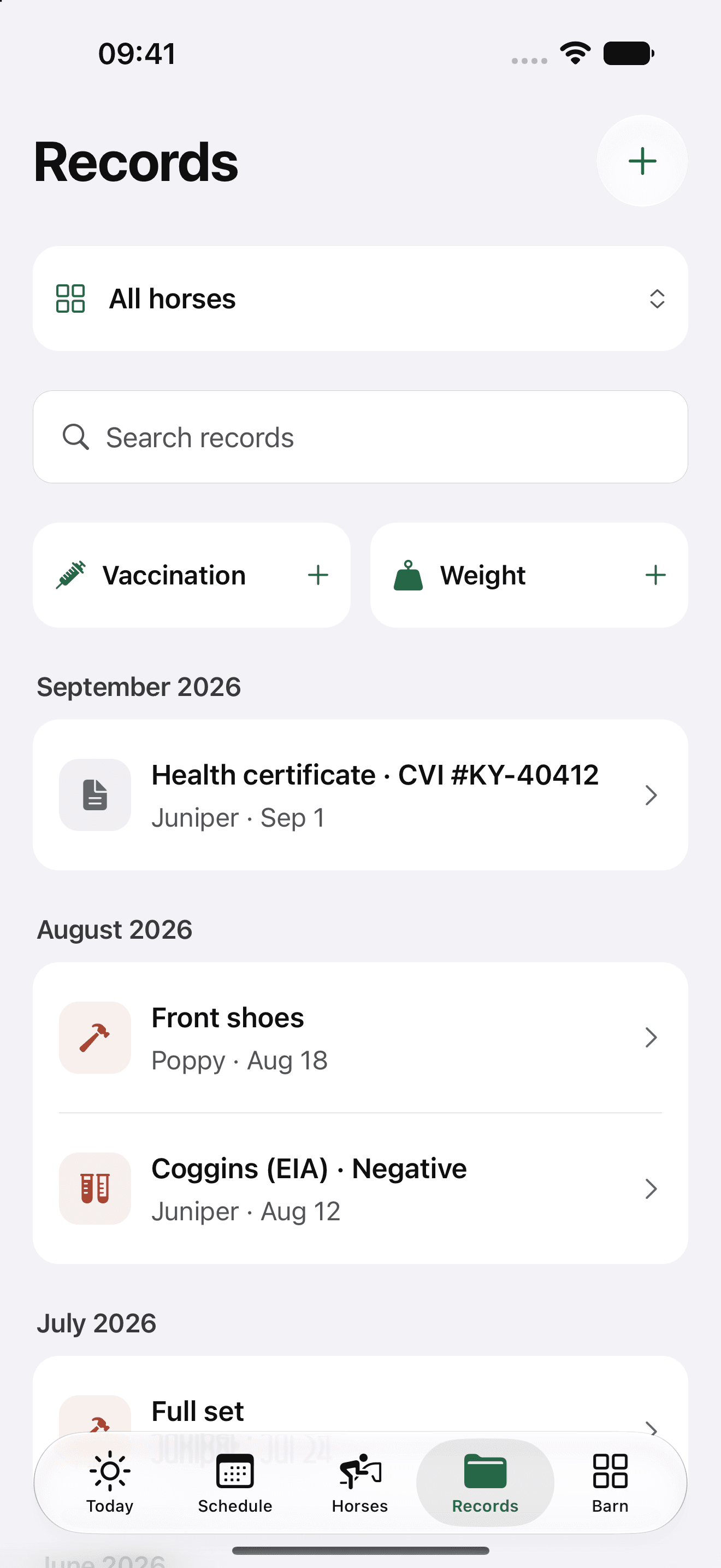 Saved horse records in the native Tackroom app