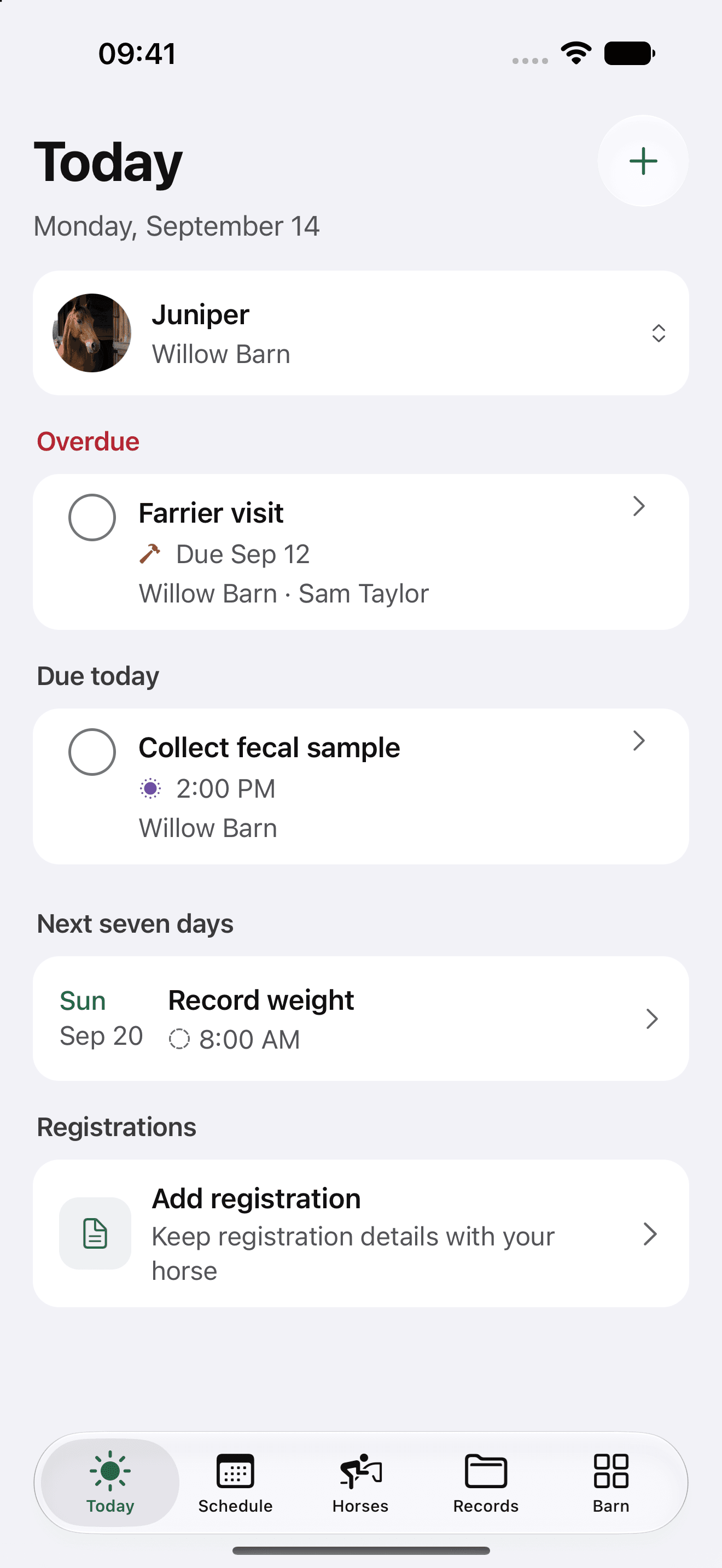 Today in the native Tackroom app, with fictional care reminders